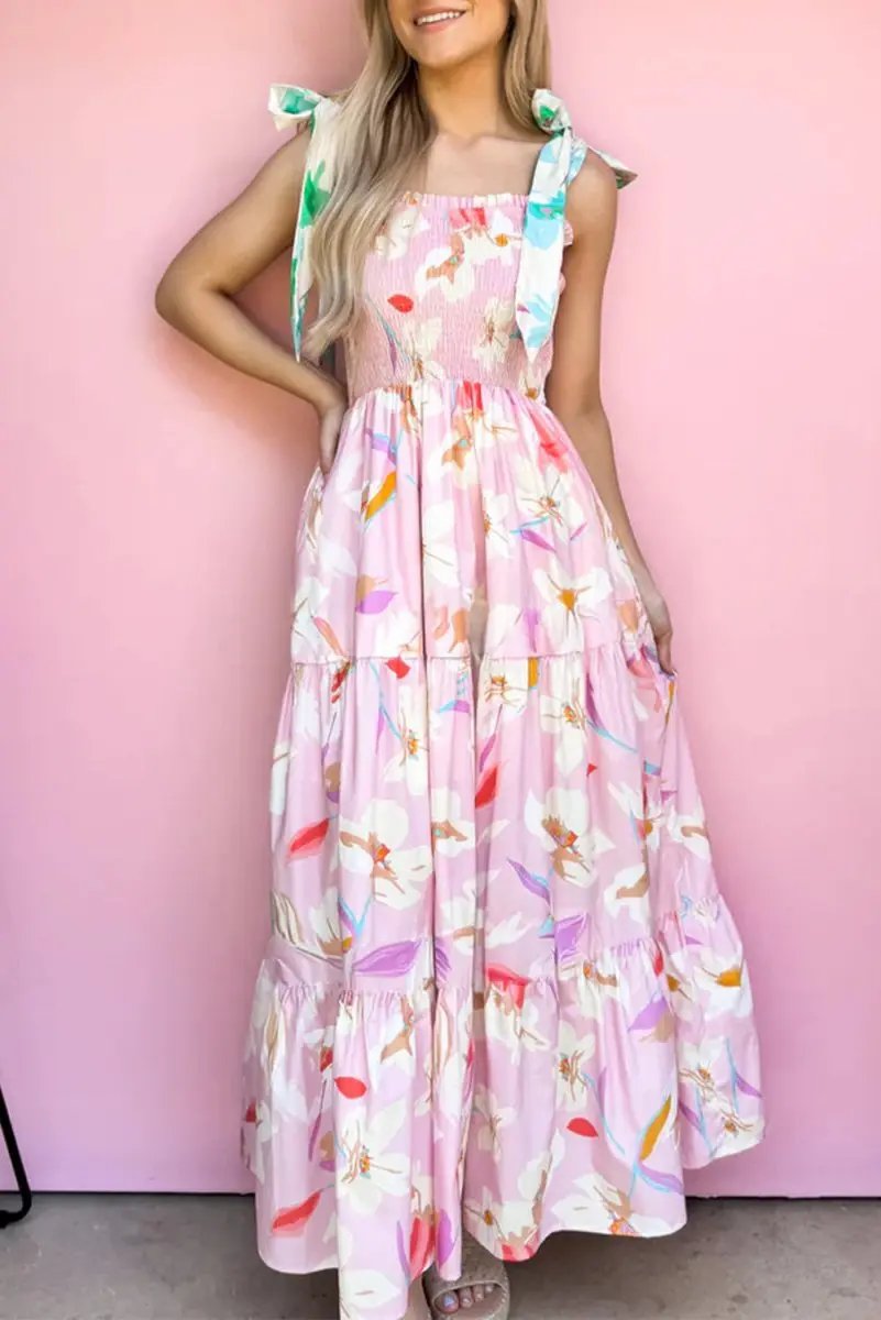 Pink Floral Print Knotted Shoulder Smocked Maxi Dress - Love Salve